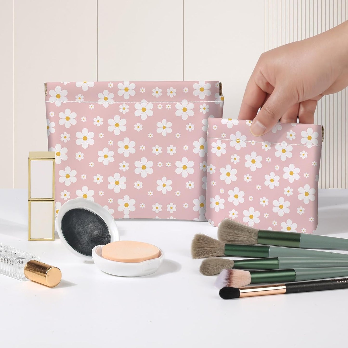 Makeup Bag Set - 2 PCS PU Leather Cosmetic Organizer | Portable Self-Closing Coin Purse for Women - Pinkish-White Flowers