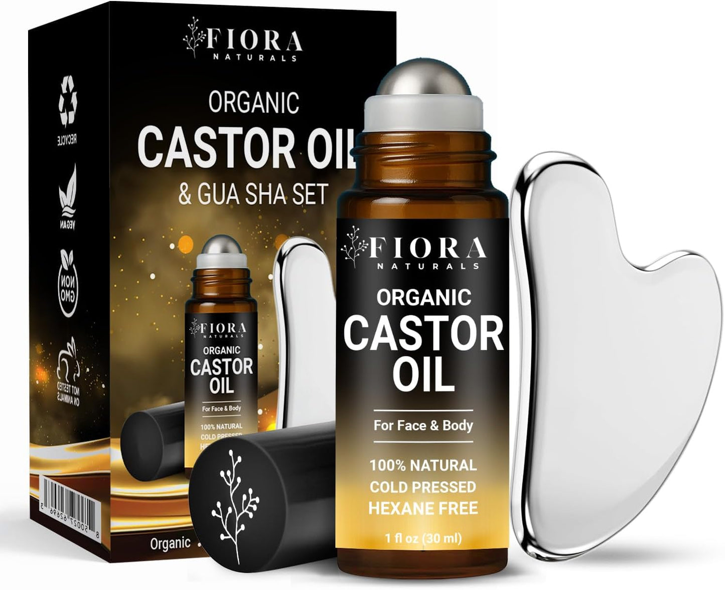 Organic Castor Oil Roll-On & Gua Sha Facial Tool Set - Metal Sculpting Tool for Jawline Lift & Puffiness Care