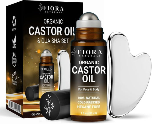 Organic Castor Oil Roll-On & Gua Sha Facial Tool Set - Metal Sculpting Tool for Jawline Lift & Puffiness Care