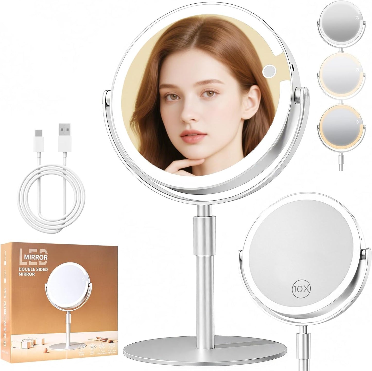 Makeup Mirror with Lights - 8" Double-Sided Magnifying Vanity Mirror 1X/10X | Rechargeable, Adjustable Brightness, 3 Colors