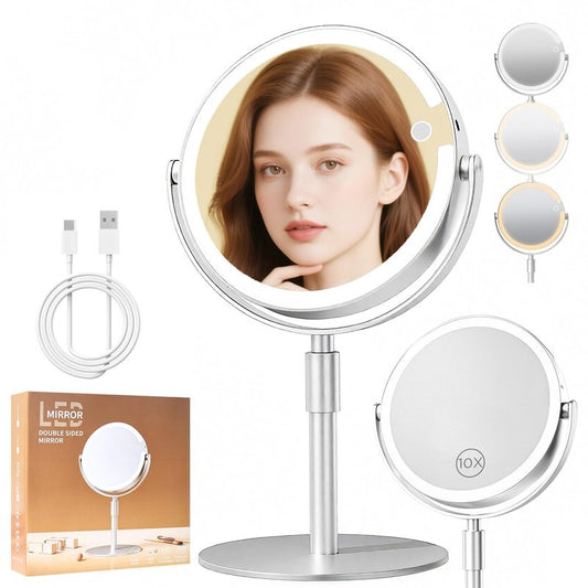FRANO Makeup Mirror with Lights, Lightweight 8" Double-Sided Magnifying Vanity Mirror 1X/10X, Rechargeable, Adjustable Brightness with 3 Colors, Gift for Mom,Women, Wife, Girls, Dorm Room Essential
