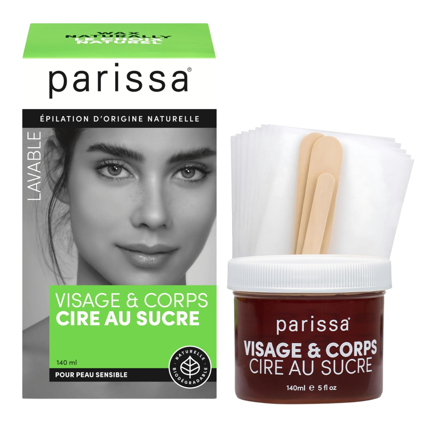 Parissa Microwavable Sugar Wax Kit for Face & Body, Organic Hair Removal Wax for Fine to Medium Hair, Water-Washable with Reusable Strips, (5 fl oz)