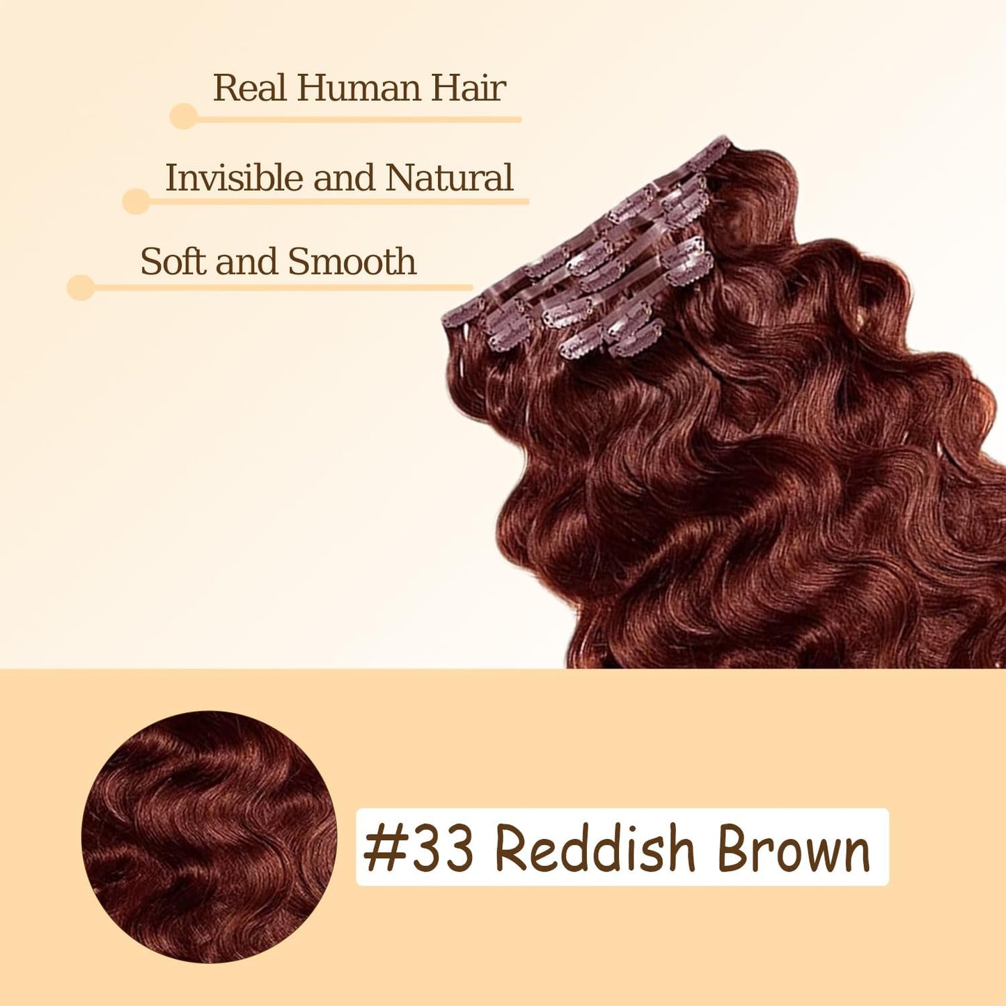 #33 Reddish Brown Clip in Hair Extensions Real Human Hair, 22 Inch 120g/7Pcs,Full Shine Remy Human Hair,Copper Red Body Wave Clip ins Brazilian Virgin Human Hair Extensions