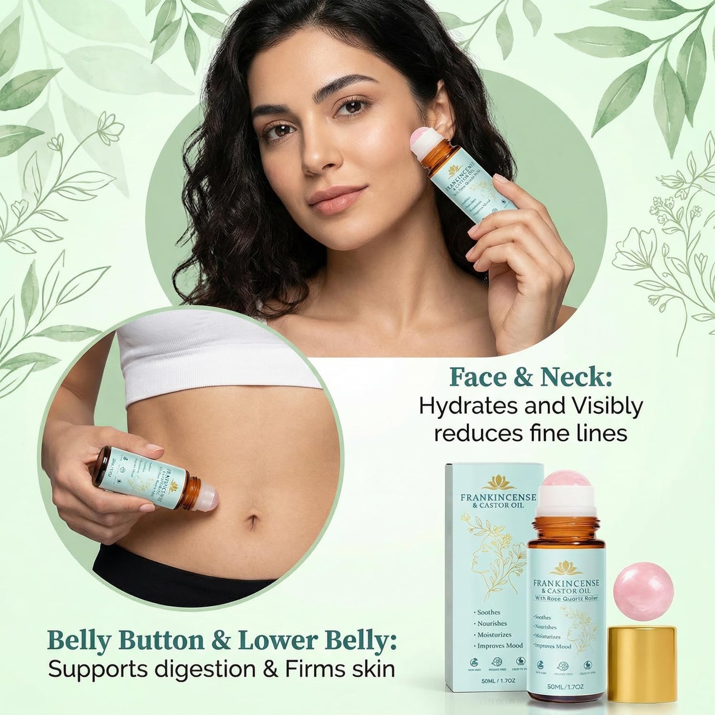 Peehss Castor Oil and Frankincense Roll On – Rose Quartz Roller Ball, Organic Cold Pressed Castor Oil for Eyebrows, Face & Neck, Firms Skin Feel Soft Smooth & Brightens Eyes, 1.7 fl oz