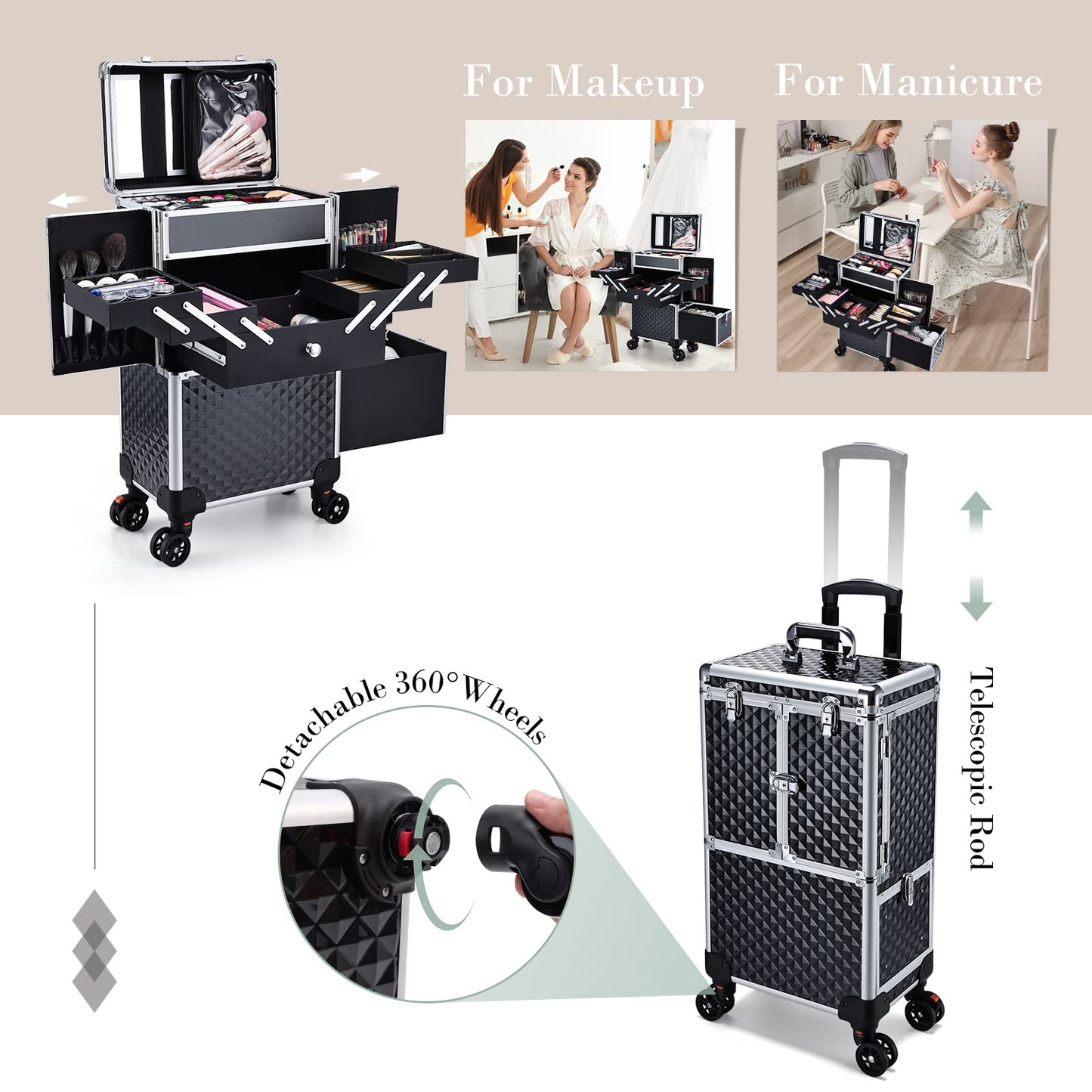 Adazzo Professional Makeup Train Case Extendable Cosmetology Case on wheels