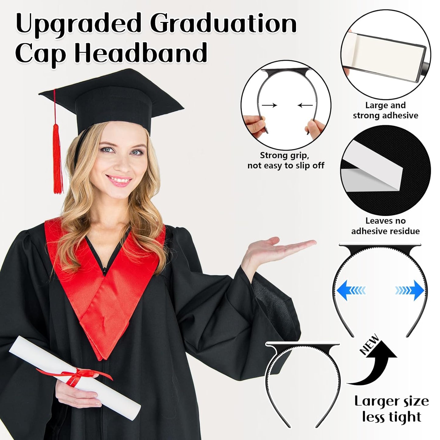 Graduation Cap Headband - 2 Pack Securely Holds Caps & Keeps Your Hairstyle Intact | Adjustable Fit
