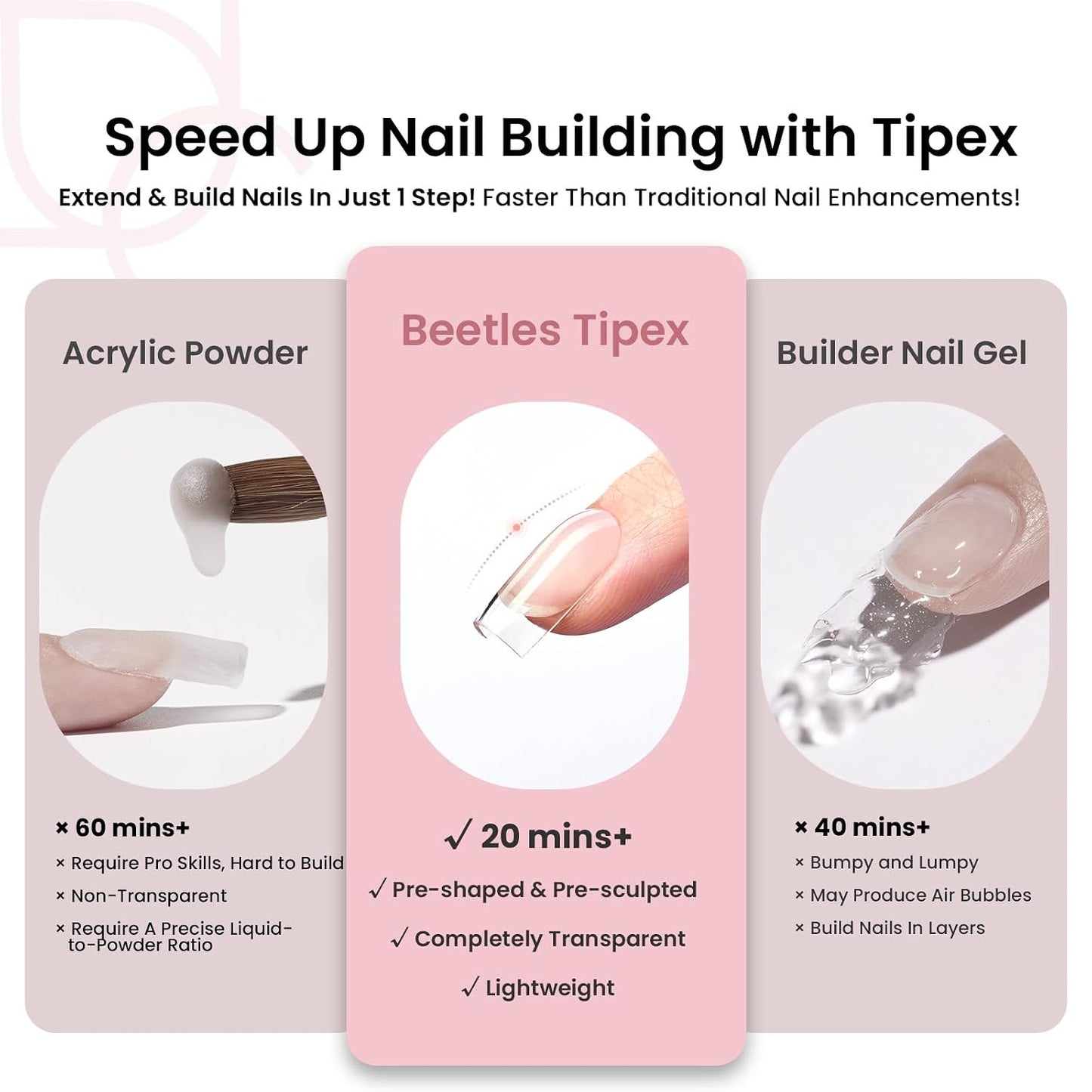 Beetles Instant Apex Nail Tips - Short Square, 192pcs in 16 Sizes 00–14 | Thicker Strong Acrylic for DIY Extensions