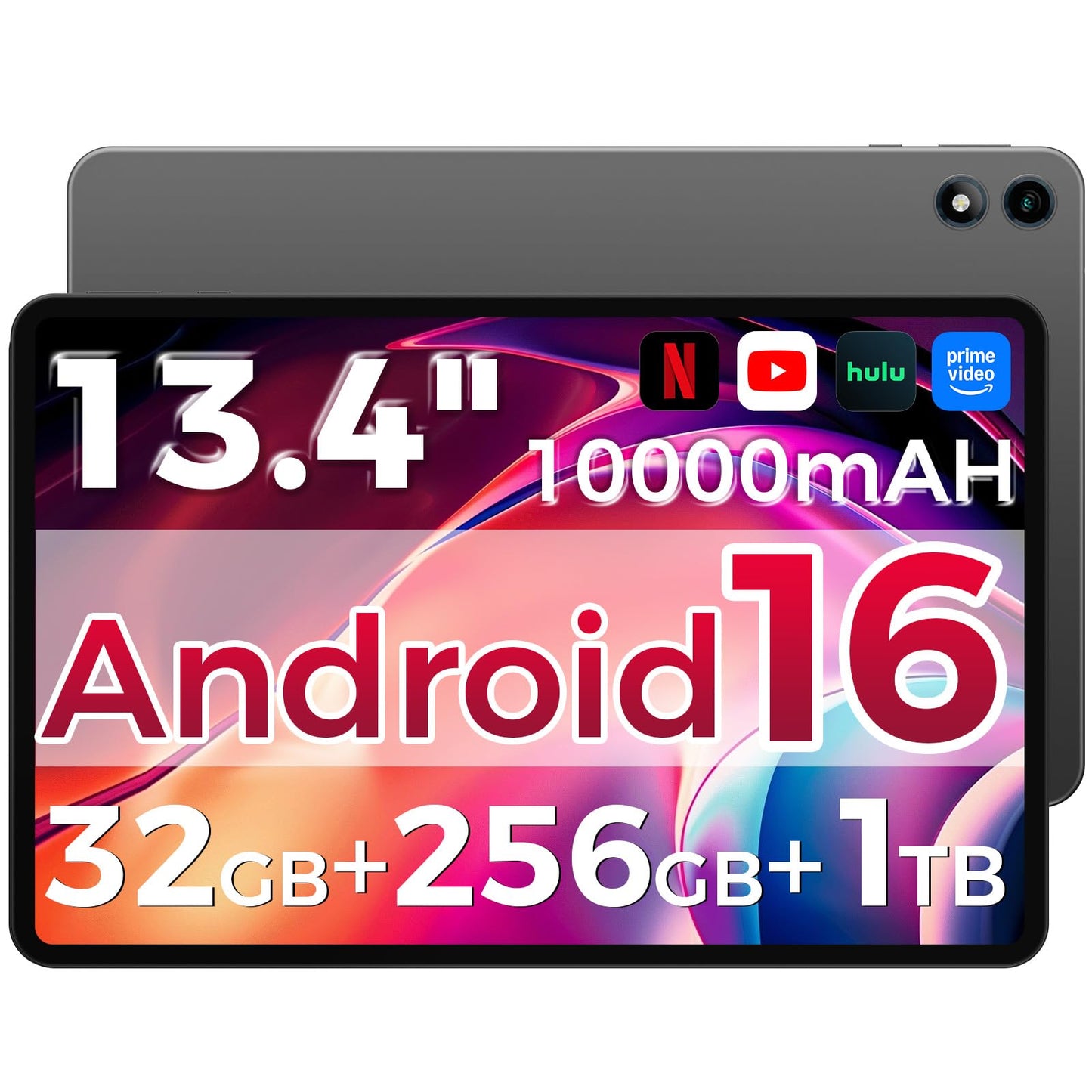 RebotAi Android 16 Tablet,13.4 inch Large Tablet with Octa-Core Processor, 32GB RAM + 256GB ROM, 10000mAh Battery,1920x1200 IPS, 2.4/5Ghz Dual WiFi/5+8MP/GPS/Gemini AI/Widevine L1, Case Included