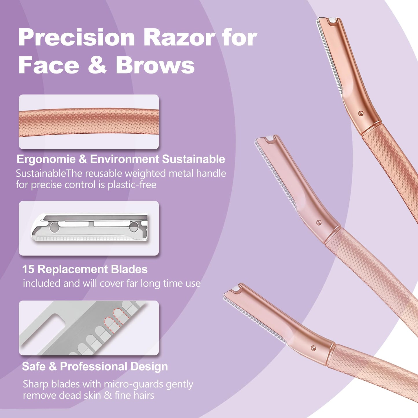 Eyebrow Razor with 16 Blades, Metal Razors for Women and Men,Dermaplane Razor for Women Face, Facial Hair Removal for & Eyebrow Hair Removal (Rose Gold)
