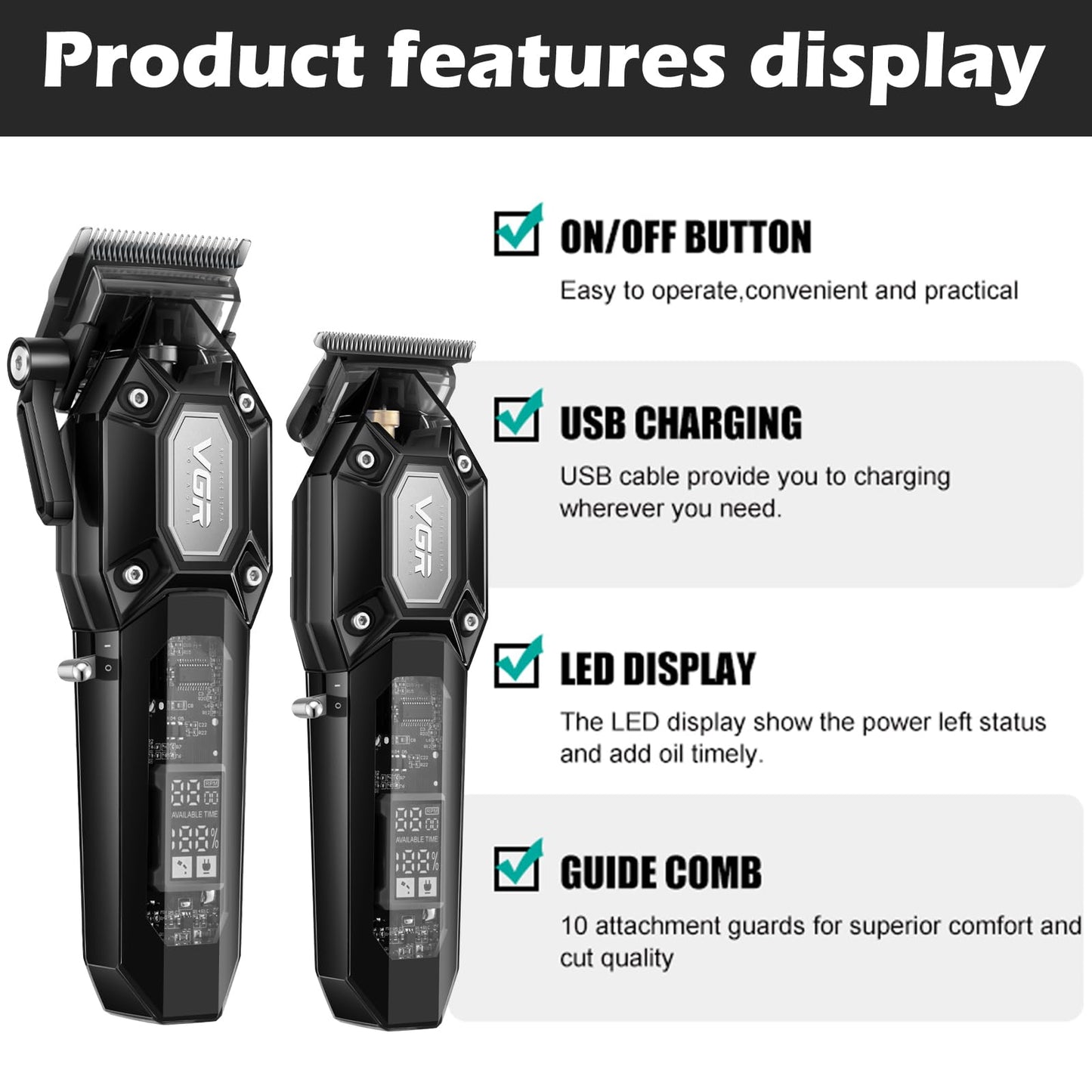 VGR Professional Hair Clippers for Men, Cordless Barber Clippers and Trimmers Set, Mens Hair Cutting Kit with 10 Guide Combs, USB Rechargeable Haircut Machine for Family, LED Display, Black