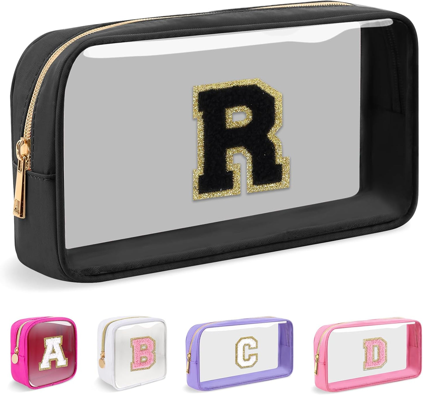 Personalized Initial Makeup Bag - Waterproof Nylon Cosmetic Pouch | A-Z Chenille Letter Patch, White-Pink G