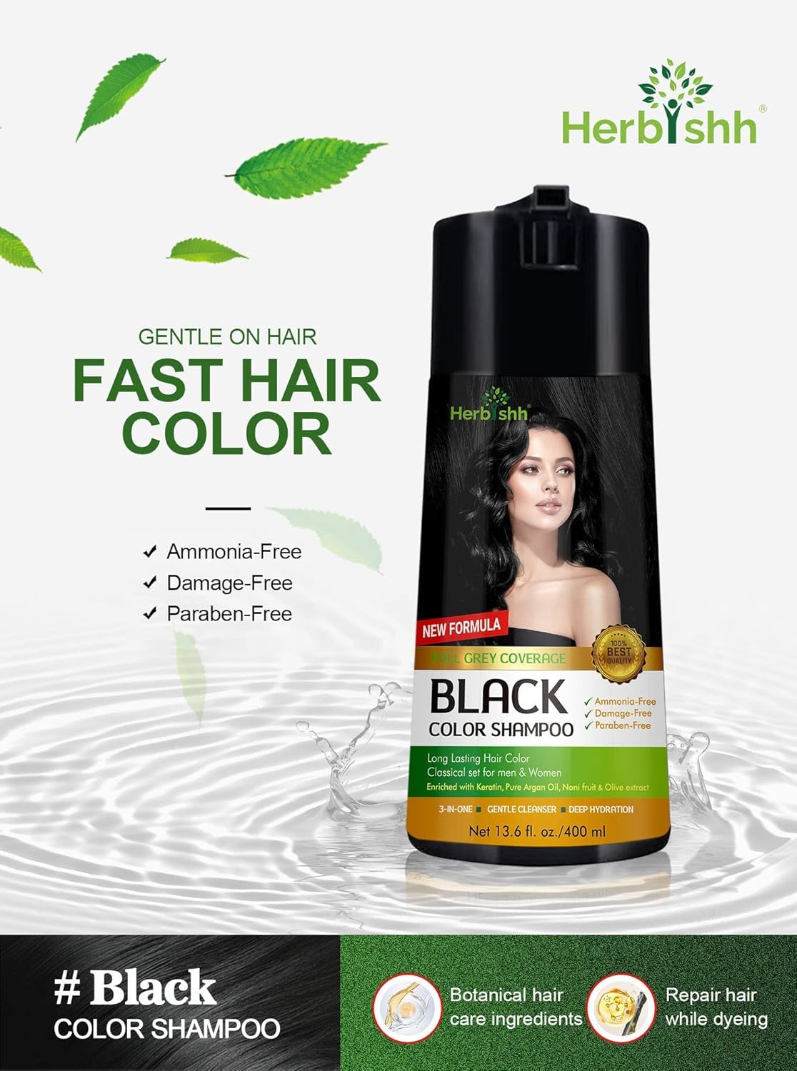 Herbishh Hair Color Shampoo for Gray Hair - Keratin-Enriched Formula for Full Coverage | Black (400ml)