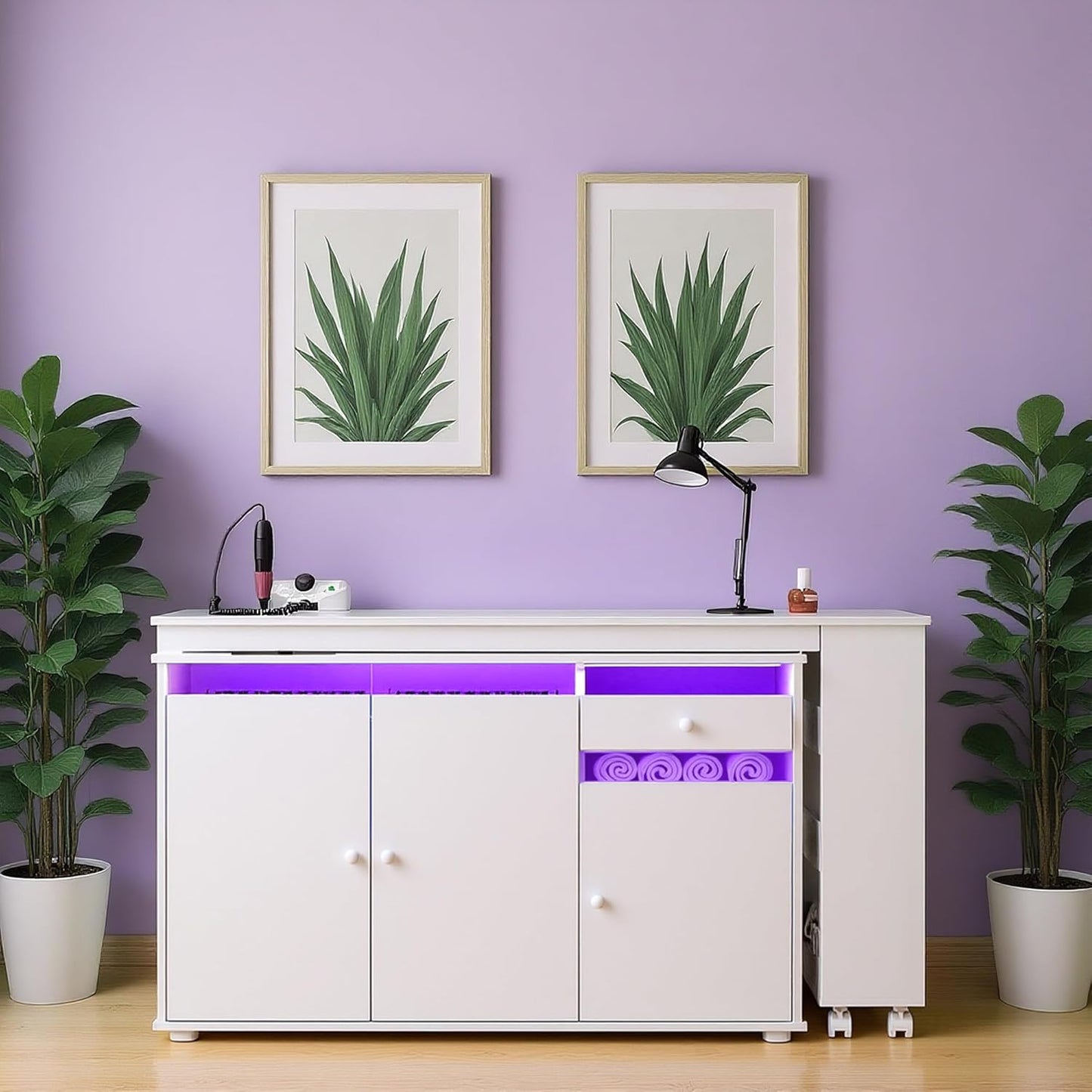L-Shaped Manicure Table - Modern Nail Salon Desk with Storage & LED Light | White, Convertible Design