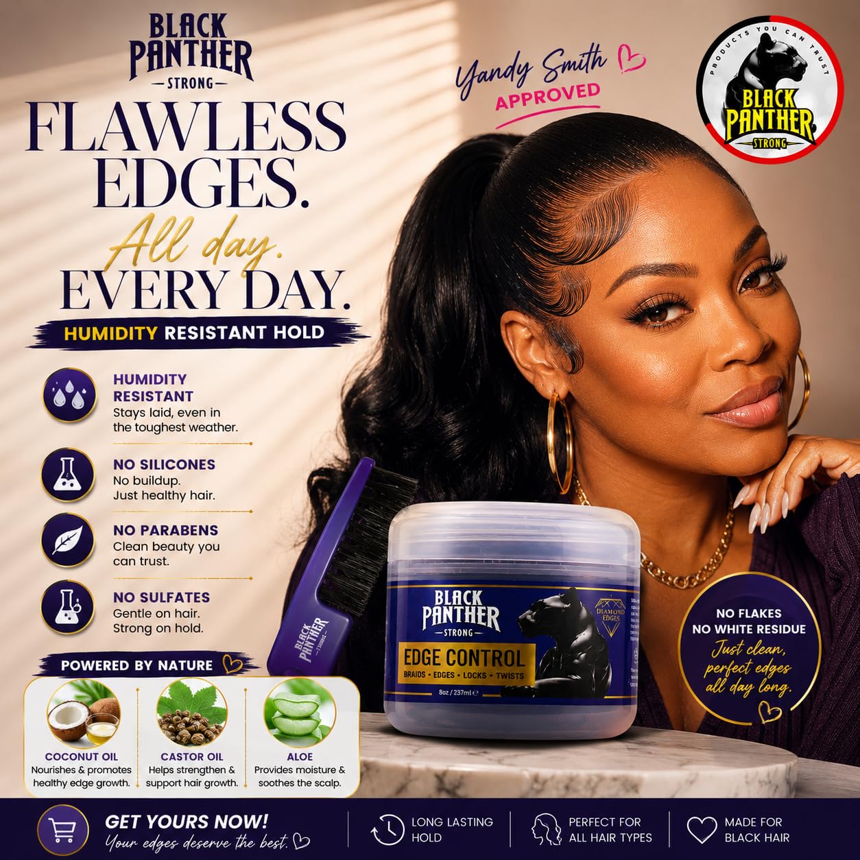 Black Panther Edge Control, Humidity Resistant Strong Flexible Hold for 4C Natural and Relaxed Hair, With Castor oil, Coconut Oil and Aloe for Strenthening Edges. Excellent Braiding Gel.. 4 oz