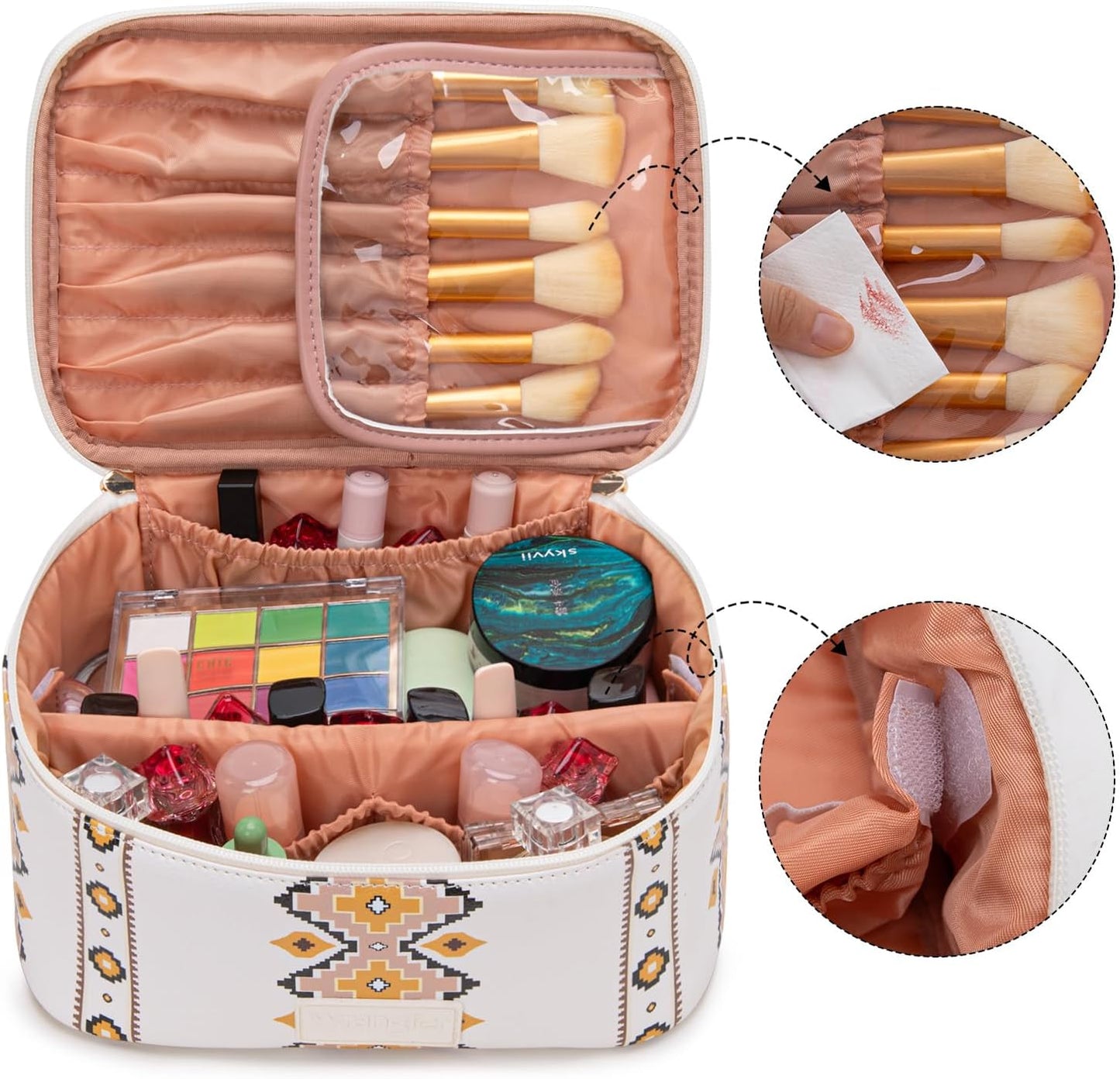 Travel Makeup Bag Set - Large Cosmetic Organizer with Brush Holder & Divider | Portable Toiletry Bag for Women - Aztec Design