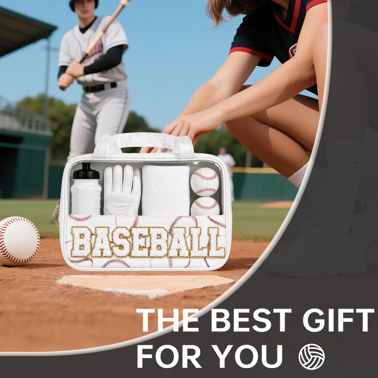 PPeen Baseball Mom Essentials Baseball Team Gifts Makeup Cosmetic Bag Clear Chenille Letter Zipper Pouch Stuff Sport Portable Travel Case
