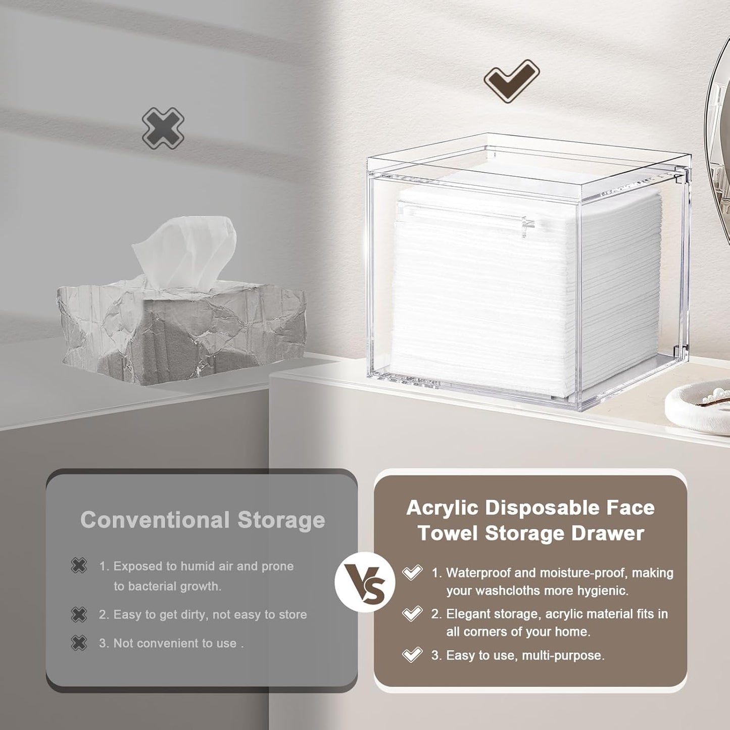 Acrylic Disposable Face Towels Holder - Wall-Mounted Clear Storage Box for Bathroom Vanity | Organizer with Drawer for Clean Skin Club Towel XL
