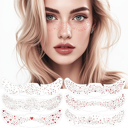 6 Piece Glitter Pink Freckle Temporary Tattoo Stickers With Red Heart Star Patterns Waterproof For Festival Makeup Decoration