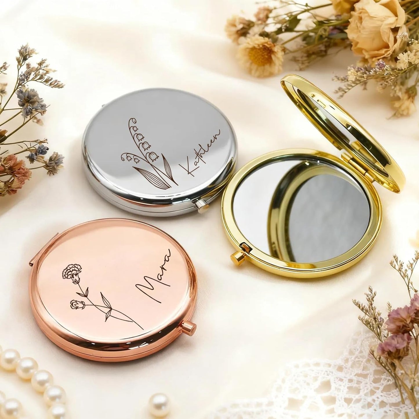 Personalized Travel Mirror - Birth Flower & Name Design | 2x/1x Magnifying Small Cosmetic Gift for Bridesmaids, Mothers, Graduates, Nurses