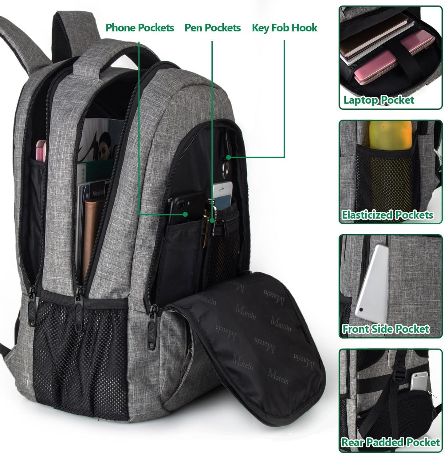 MATEIN Travel Laptop Backpack - Anti-Theft Water-Resistant Bag for 15.6" Laptops | Grey
