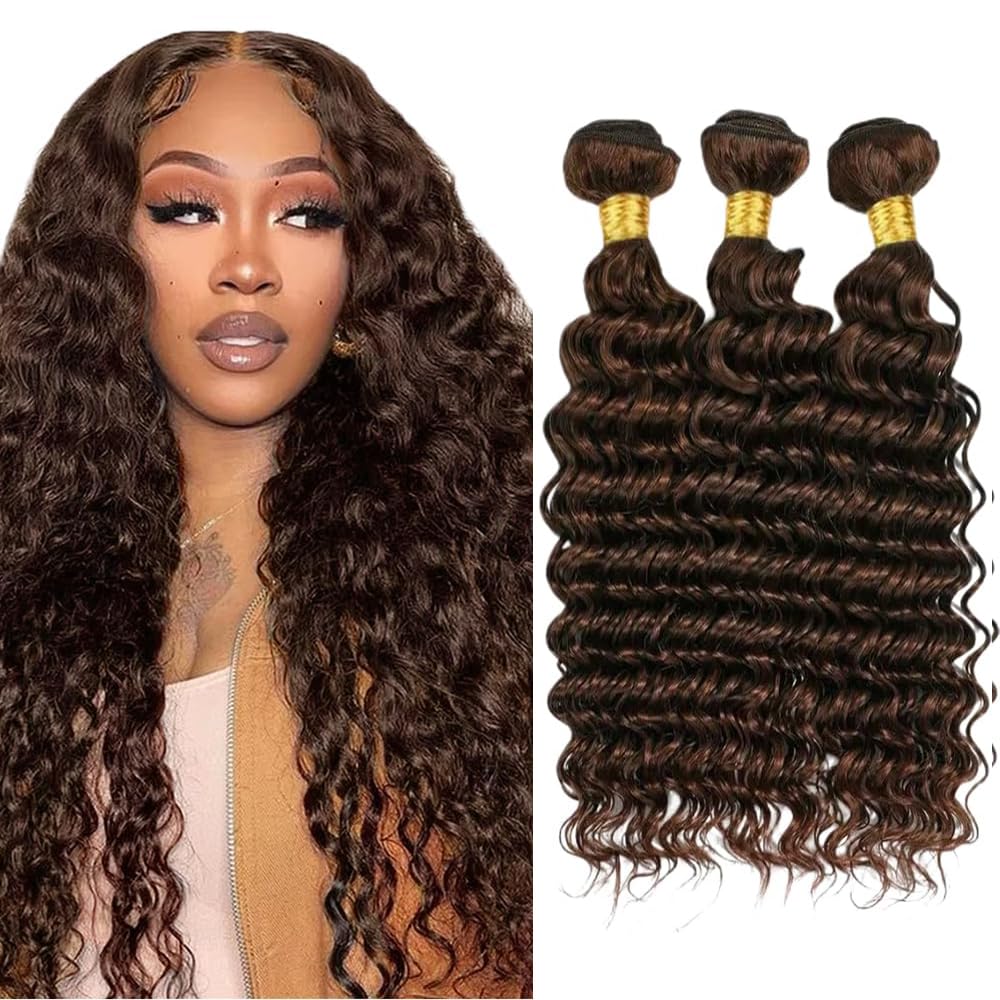 30 32 34 Inch Brown Human Hair Bundles Color #4 Loose Deep Wave Bundle 8A Grade BrazilianVirgin Hair 3 Bundles Color #4 Bundle Hair Extensions No Tangle