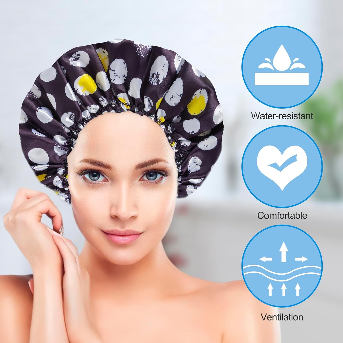 Shower Cap Set of 4 - Reusable Waterproof Double Layer Hair Caps + 2 Satin Scrunchies | Pattern A