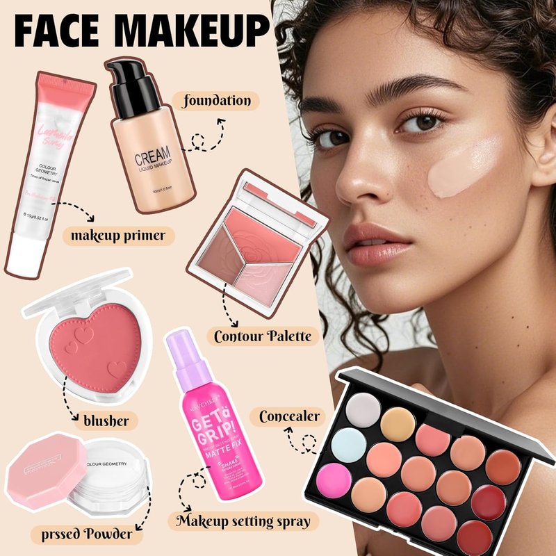 Complete Makeup Kit for Women - Foundation, Eyeshadow Palette & Brushes | Perfect Gift Set for Beginners & Teens