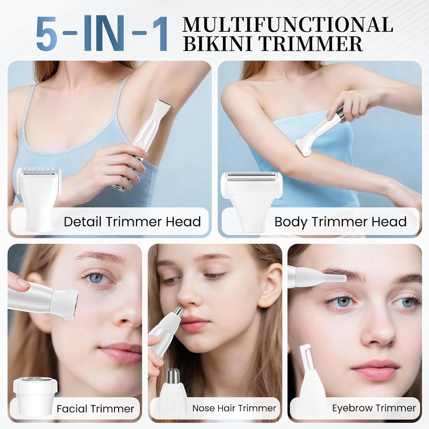 5 in 1 Bikini Trimmer for Women - Cordless Waterproof Electric Shaver | Rechargeable Body Hair Remover for Face, Arms, Legs