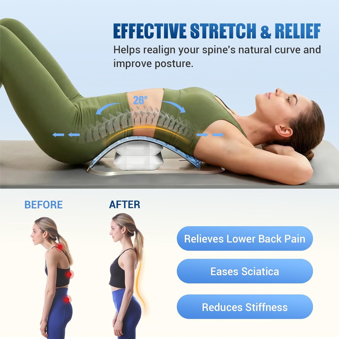 Back Stretcher for Lower Back Pain Relief - Adjustable Lumbar Support Board with Acupressure Points | Spine Decompression