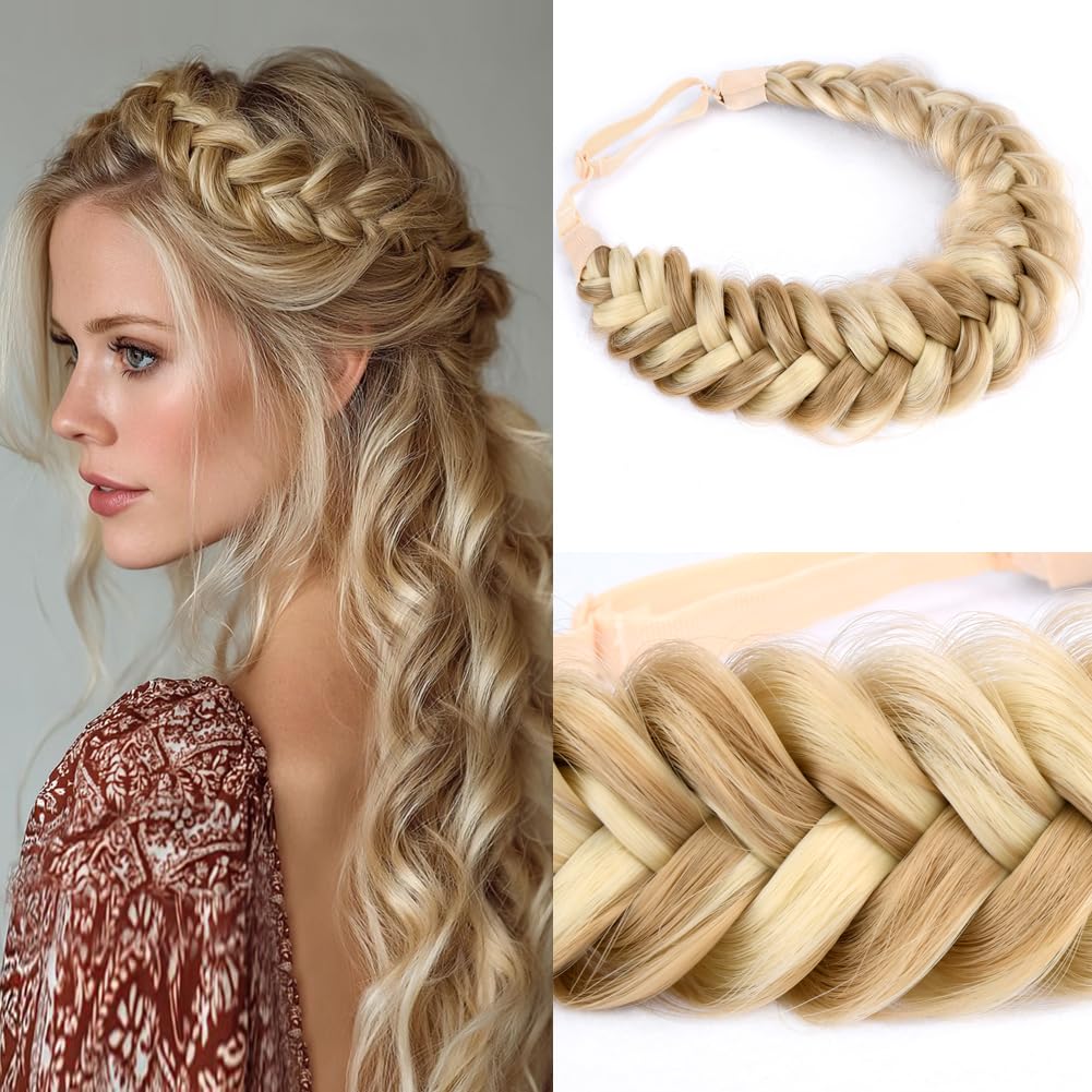 Messy Wide 2-Strand Synthetic Hair Braided Headband - Chocolate Toast | Stylish Hairpiece for Women & Girls