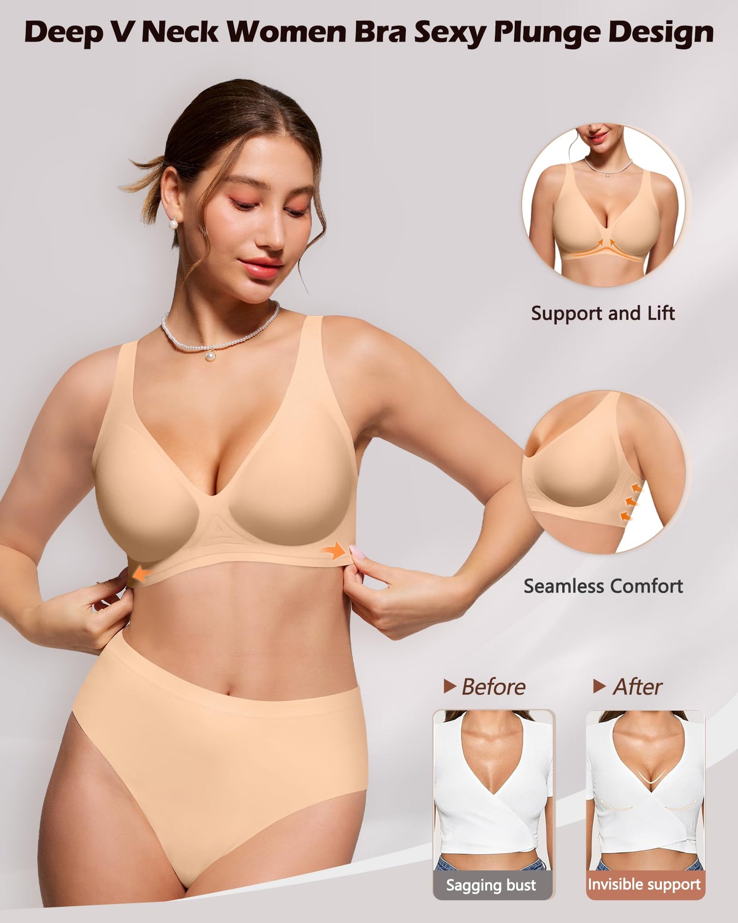 HORISUN Deep V Wireless Seamless Bra Comfortable Push Up Bras for Women No Underwire Everyday Bra with Support and Lift (Nude 36D)