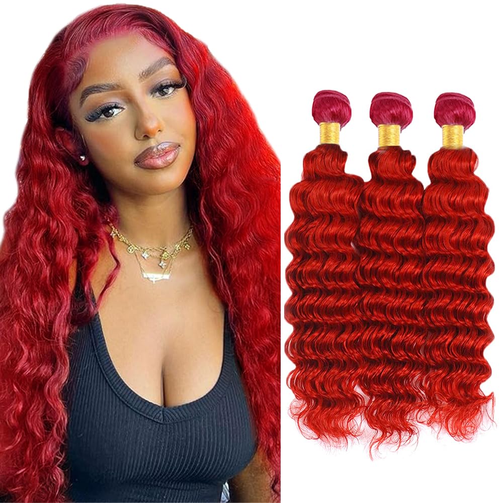 30 32 34 inch GveoXvo Red Human Hair Bundles Red Deep Wave Bundle Human Hair Extensions Mixed Length 3 Bundles
