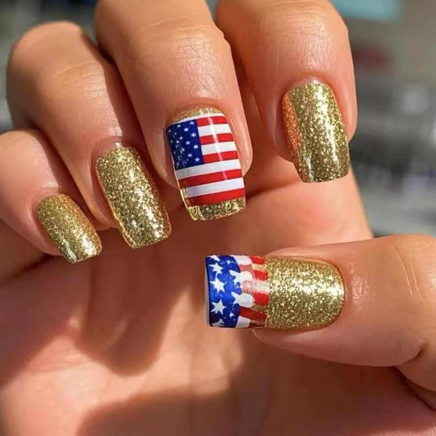 Press On Nails - Medium Square American Flag Glitter Design | 24Pcs Red, Blue & Gold 4th of July Fake Nails