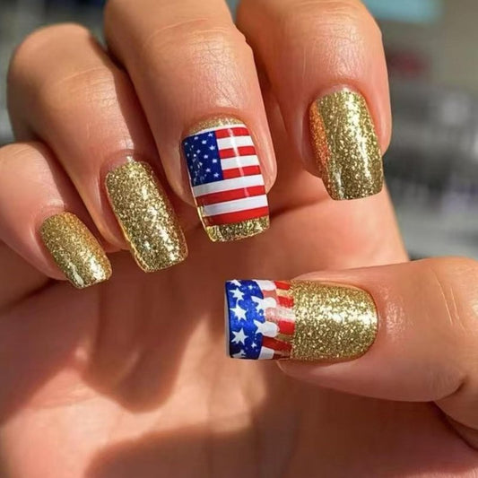 Press On Nails - Medium Square American Flag Glitter Design | 24Pcs Red, Blue & Gold 4th of July Fake Nails
