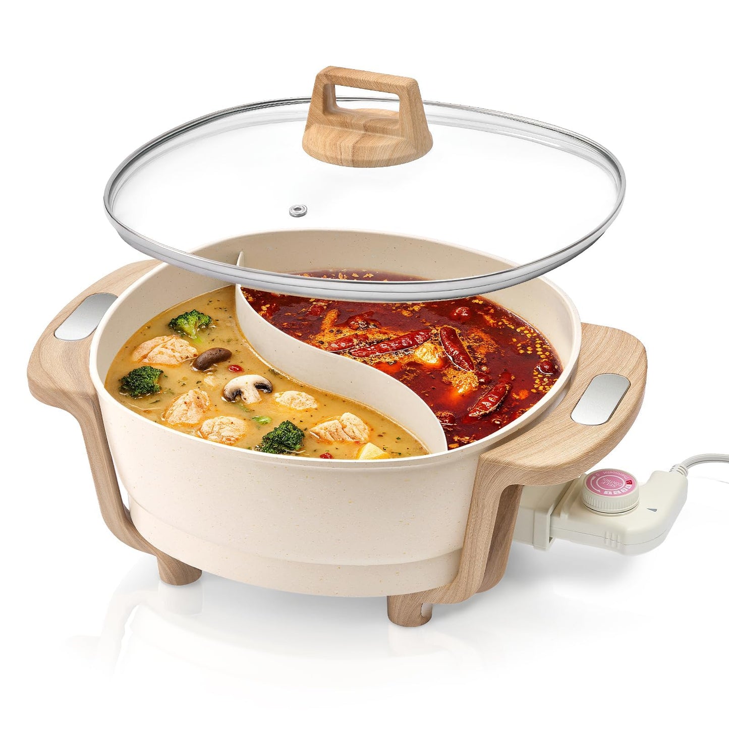 Electric Hot Pot with Divider, Large 6.1L Nonstick Dual-Sided Shabu Shabu Pot Dual-Flavor hotpot electric 1600W with Adjustable 5-Temperature Control