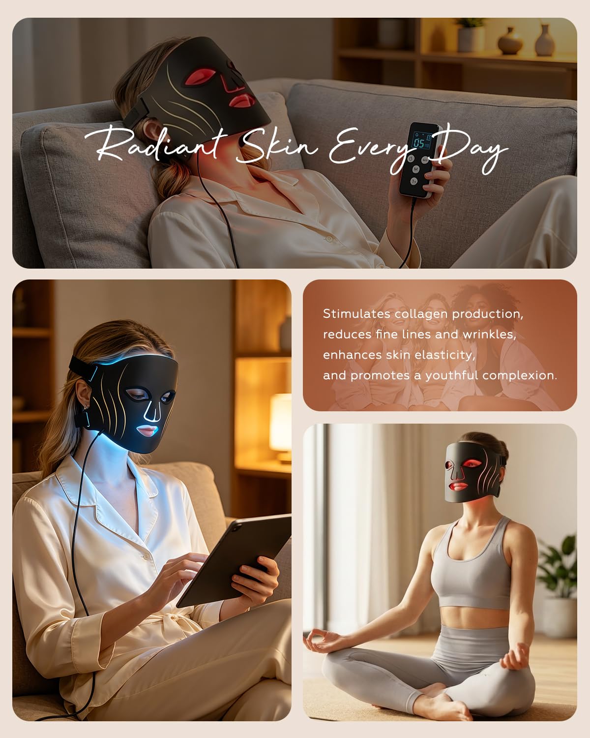 Avvnee FDA-Cleared Red Light Therapy for Face, 4 Modes Red Light Mask for Wrinkles & Skin Texture, LED Face Mask with 850nm NIR, Red, Blue & Amber Light for Glowing Skin, 240 LEDs, 3000mAh Timer