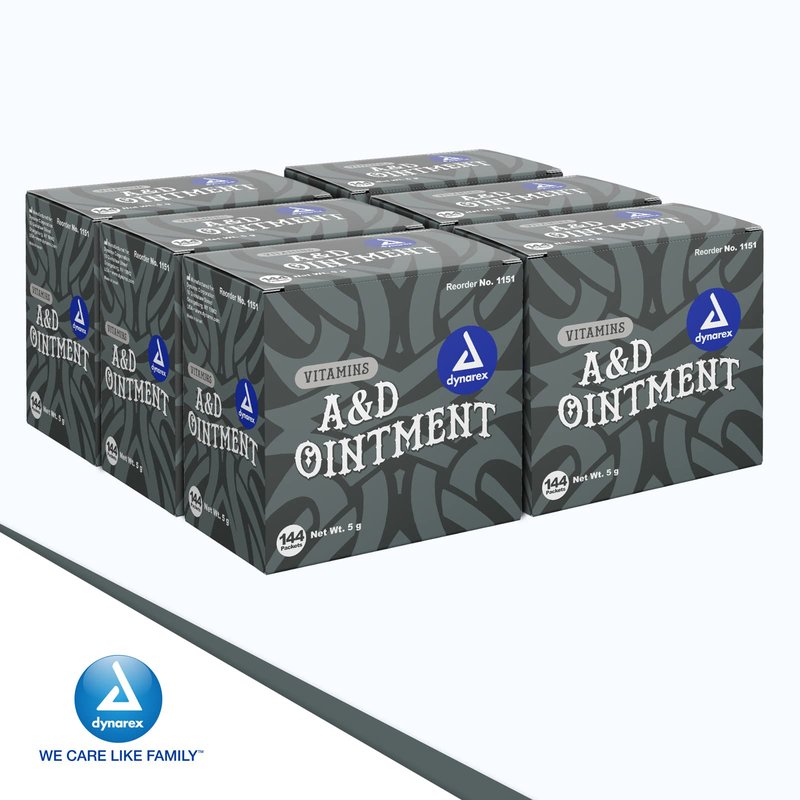 Dynarex Vitamins A&D Ointment Without Lanolin - Vitamin A and D Ointment Protectant for Minor Cuts, Burns, Diaper Rash & Dry Skin - 1 Case - 6 Boxes, 144 Packets/Box - 5g Packets