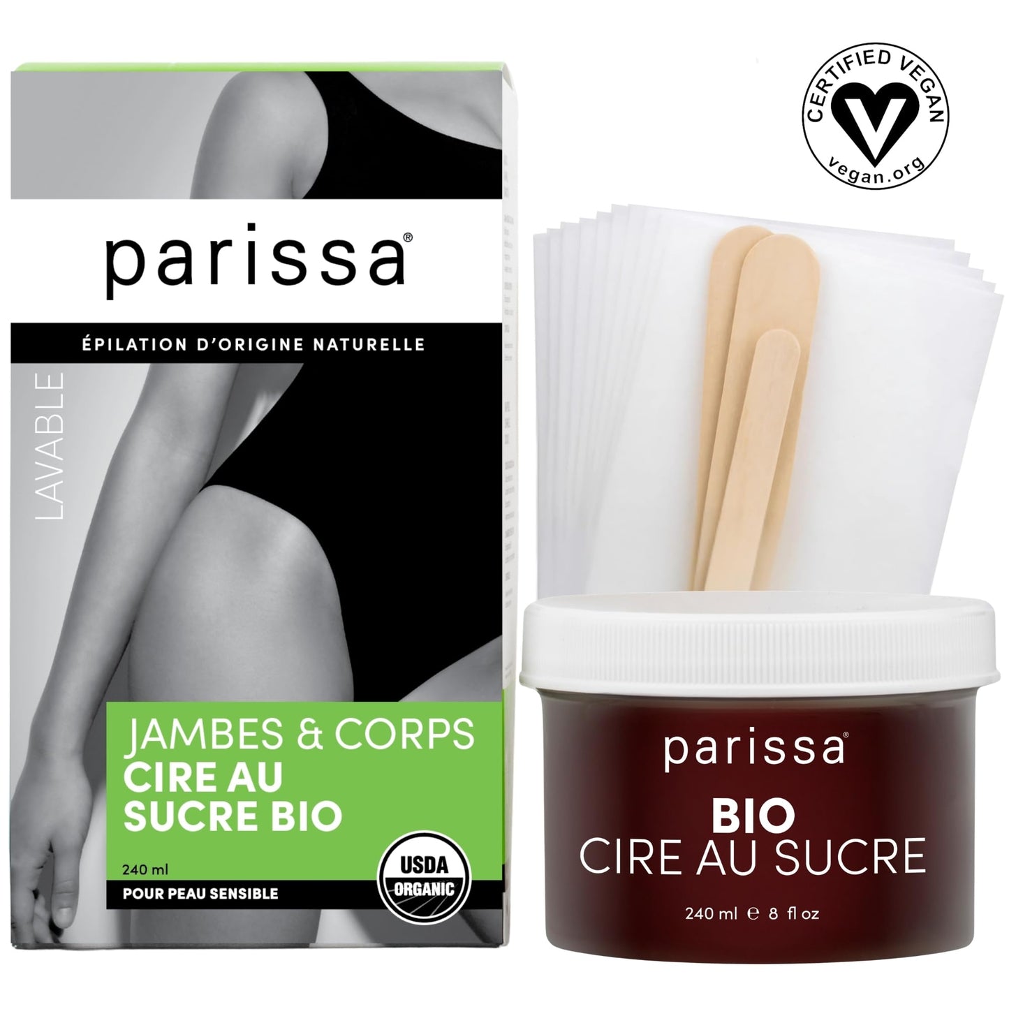 Parissa Microwavable Sugar Wax Kit for Face, Legs & Body, USDA Certified Natural Hair Removal Wax, Water-Washable & Gentle for Sensitive Skin (8 fl oz)