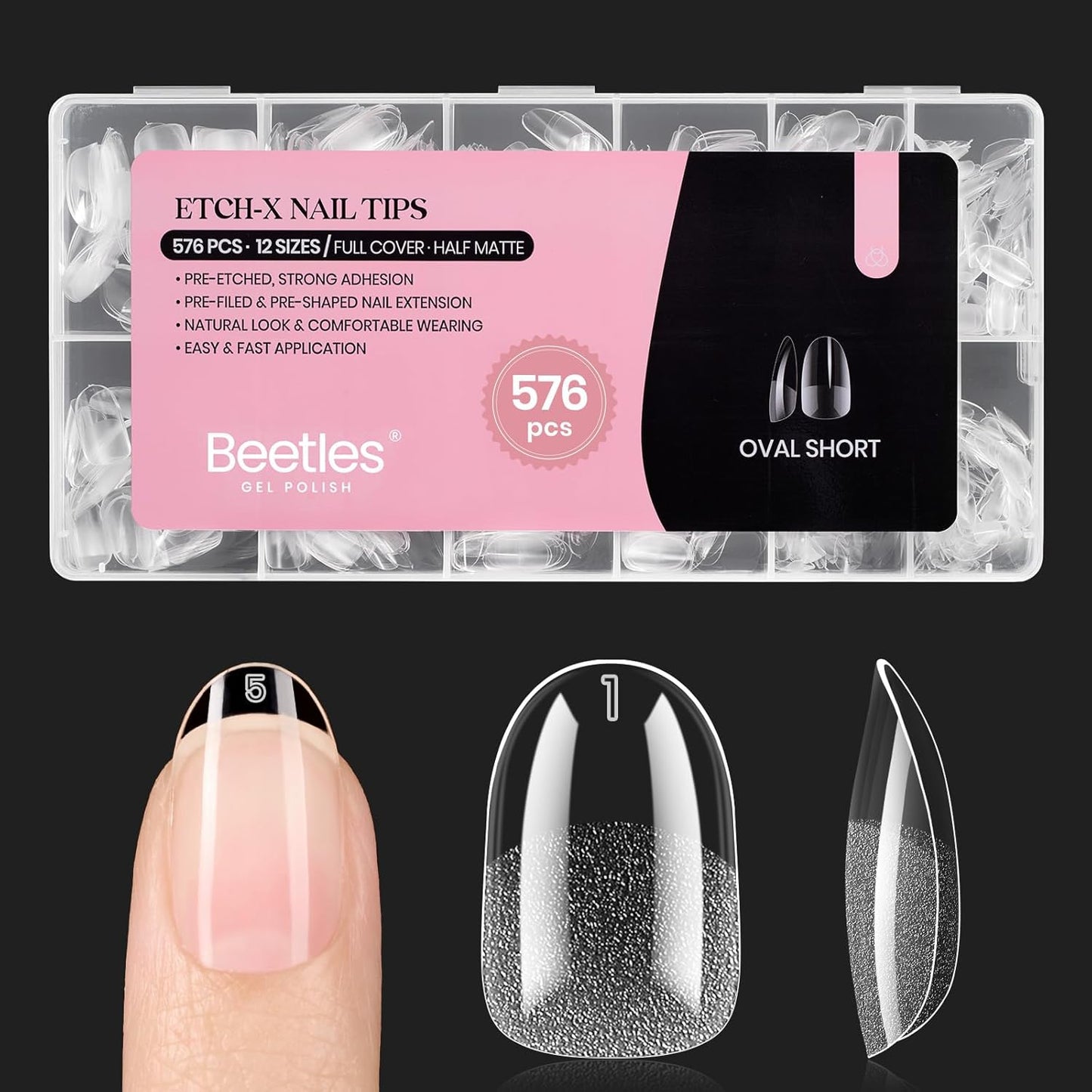 Beetles Gel Nail Tips - 576 Pcs Short Almond Acrylic False Nails | 12 Sizes, Easy DIY Press-On Extensions