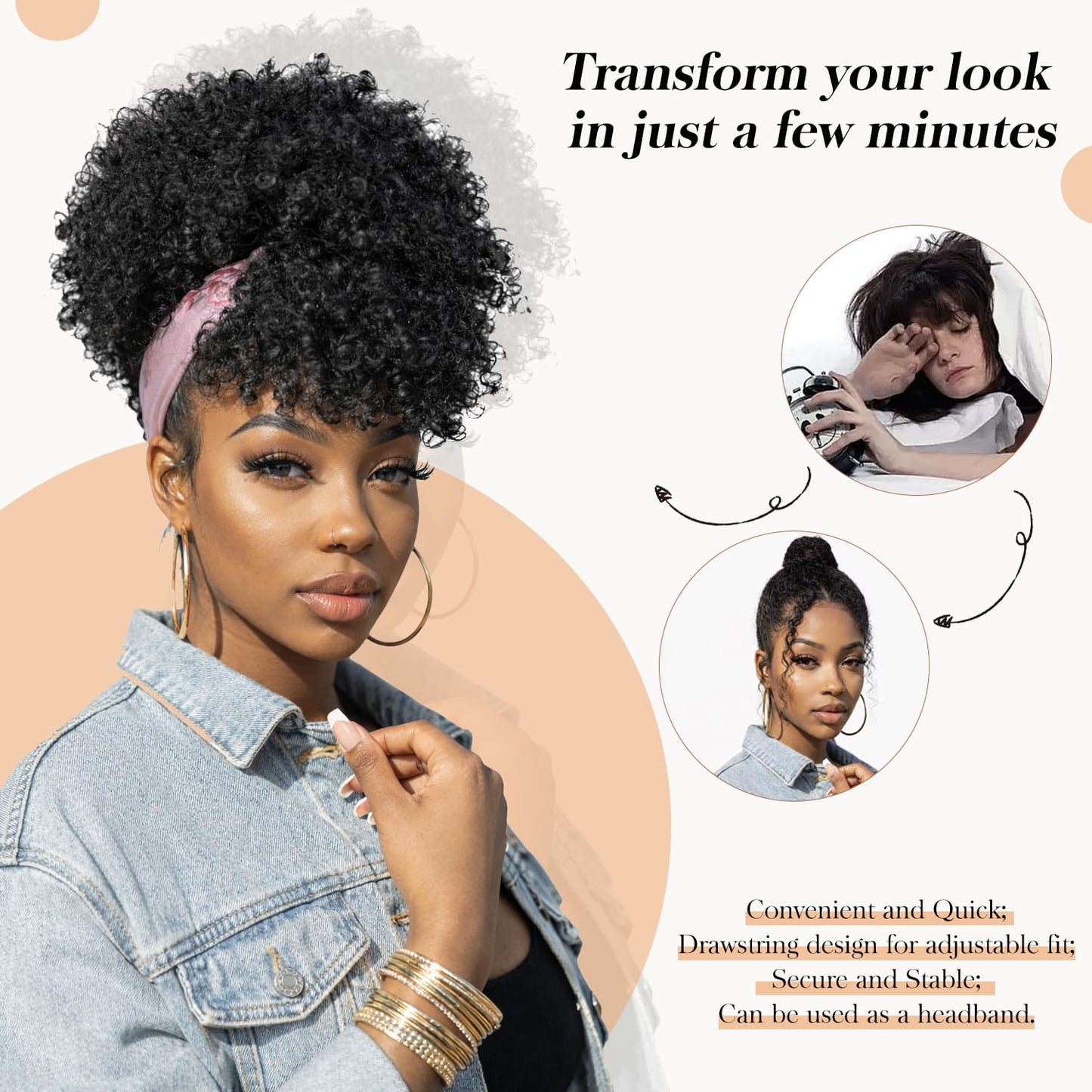 Afro Puff Drawstring Ponytail with Bangs,Short Blonde Kinky Curly Synthetic Blonde Pony Tails Hair Extensions Drawstring Ponytail for Black Women Hair Bun Fluffy Updo for Daily and Party Use 1B/27