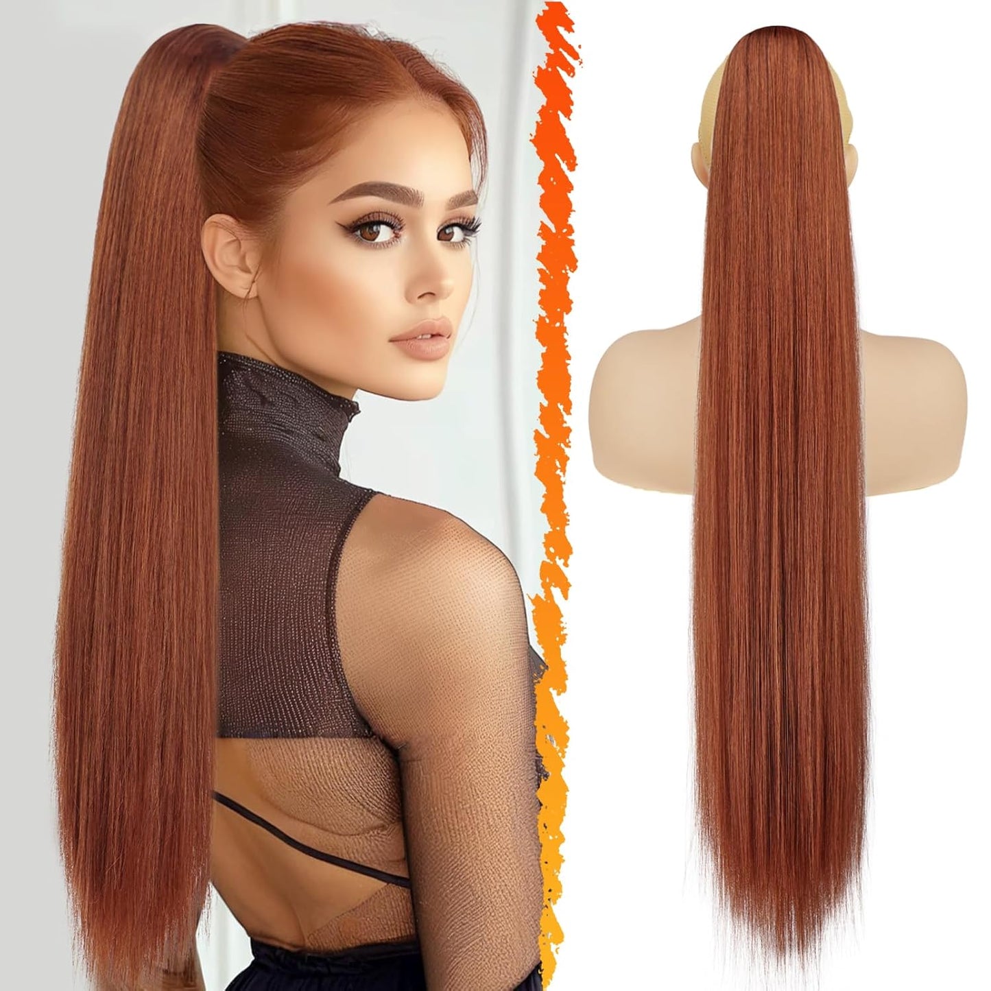 Long Straight Ponytail Extension - 26 Inch Brown Synthetic Clip-In Hairpiece for Women | Light Brown Mixed