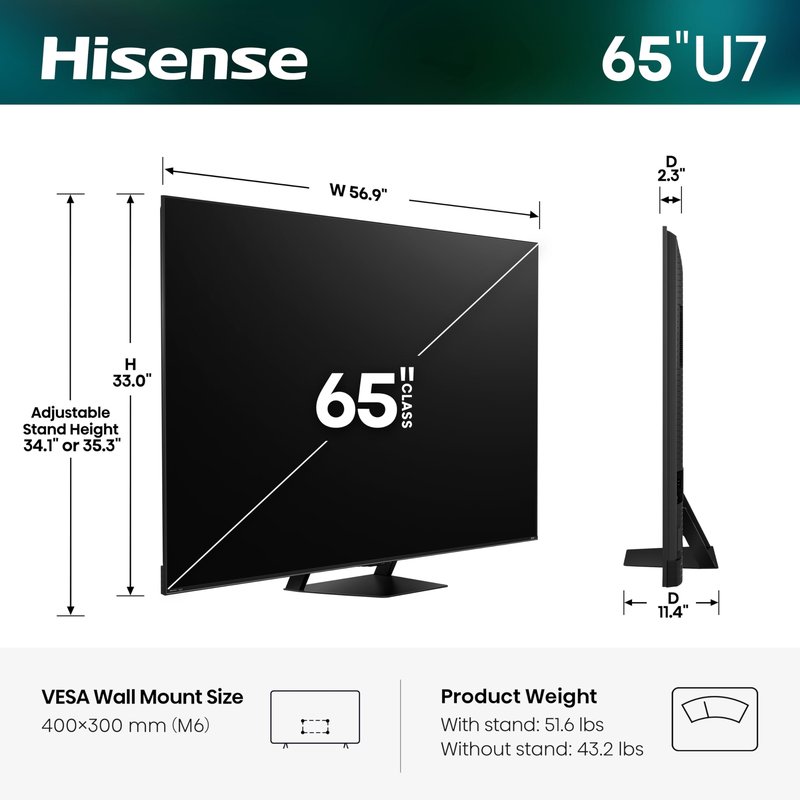 Hisense 65" U7 Mini-LED ULED 4K UHD Best Premium Gaming HDR Smart Fire TV (65U7SF, 2026 New) - Hi-QLED, Native 165Hz, VRR 330, Dolby Vision IQ · Atmos, IMAX Enhanced, Anti-Reflection, 2.1.2 Ch, Alexa+