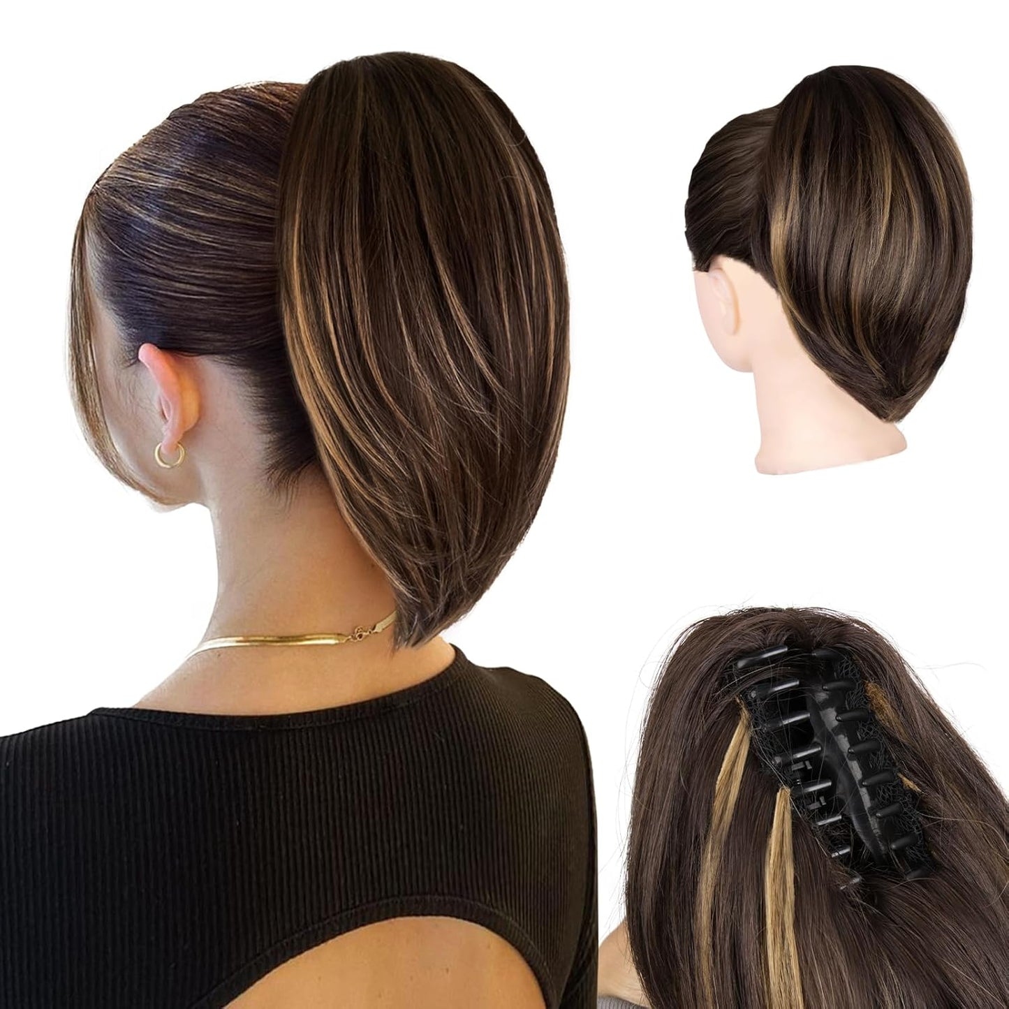 10 Inch Ponytail Extension - Straight Claw Clip Synthetic Hair | Brown with Blonde Highlights