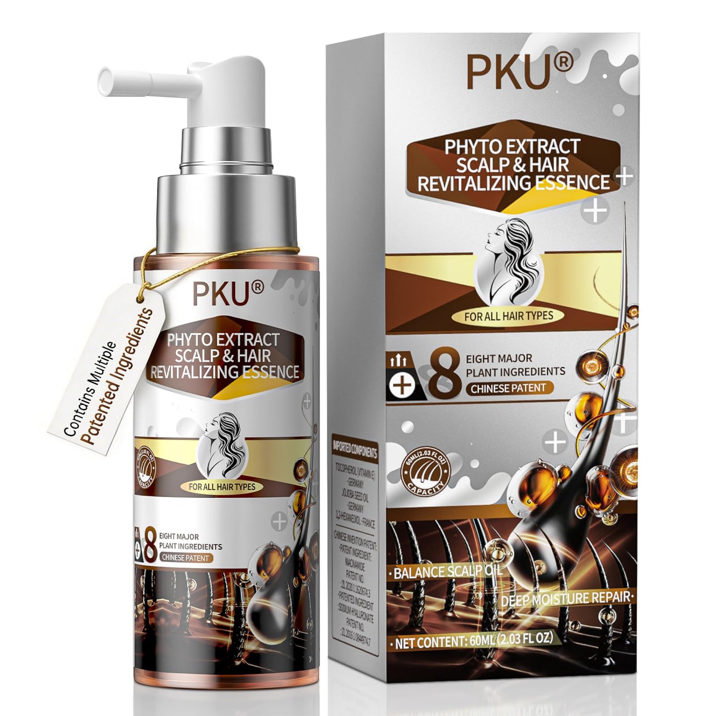 PKU Hair Growth Spray - Biotin & Rosemary Oil Hair Serum - Nourishing Scalp Care for Thinning Hair - Plant Based with Ginseng & Arborvitae for Thicker Shinier Hair - Men and Women, 60ml