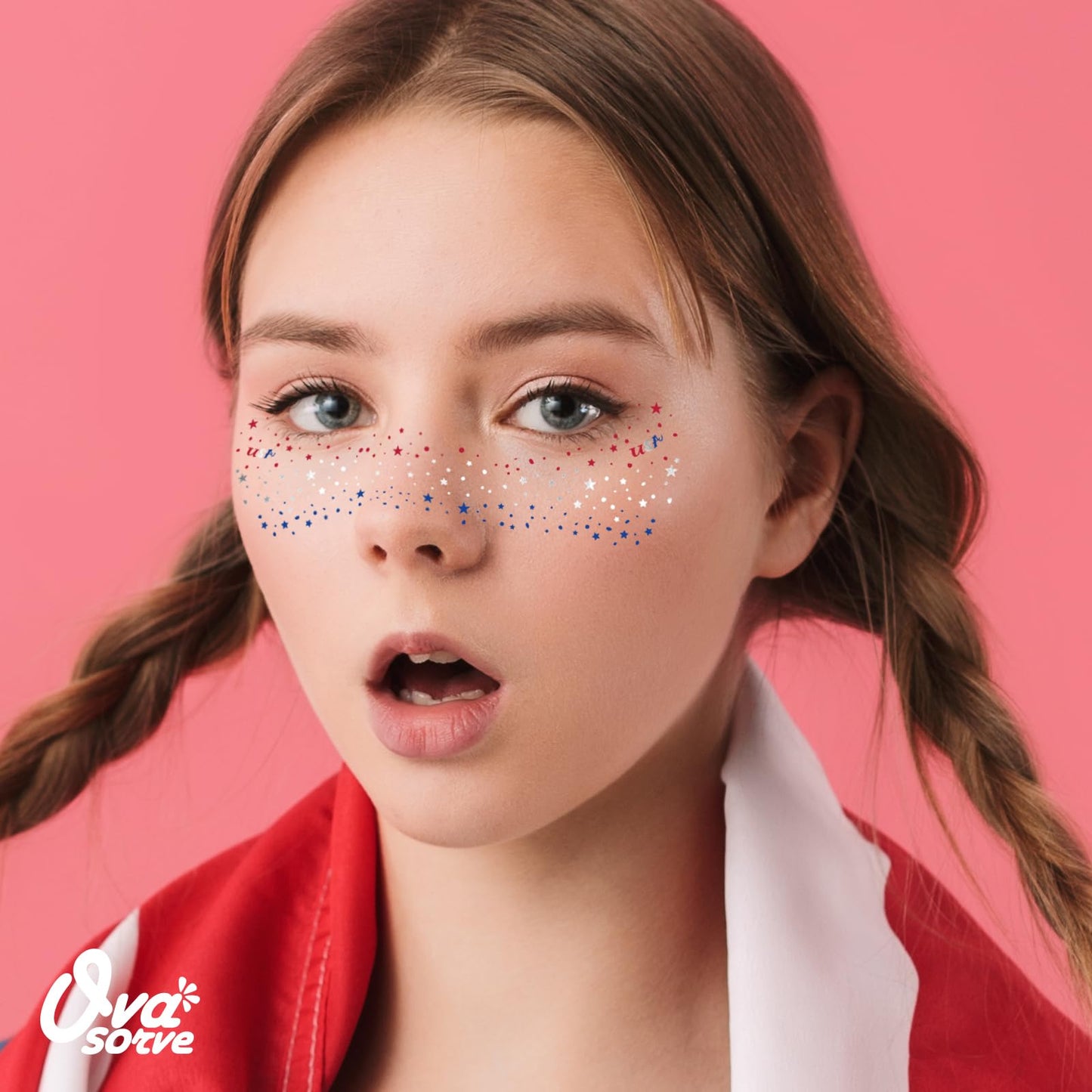 Ovasorve 4th of July Freckles Glitter Stars - Patriotic Face Tattoos with Red White & Blue Sparkles | Waterproof Temporary Tattoos for Independence Day & Everyday Makeup (8 Sheets)