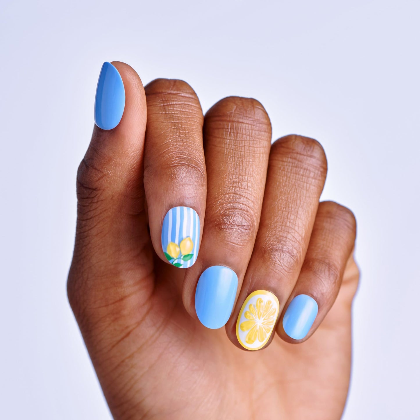 Kiss Impress No Glue Mani Press On Nails, Design, 'Cherie', Blue, Medium Size, Oval Shape, Includes 30 Nails, Prep Pad, 1 Manicure Stick, 1 Mini File