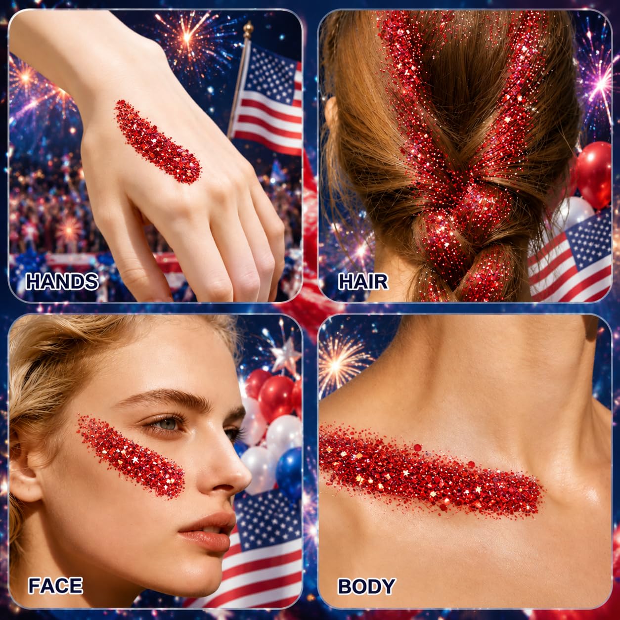 MEICOLY Sparkling USA Glory Red Face Hair Glitter Stick for 2026 World Cup,4th of July Accessories Outfits for Women, Fourth of July Patriotic Veterans Day Super-Dense Glitter Makeup