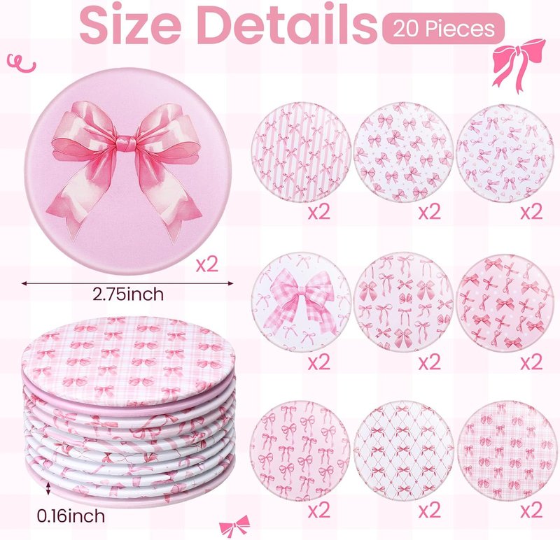 20 Pcs Pink Bow Compact Mirrors - 2.75 Inch Round Portable Makeup Mirrors | Party Favors & Gifts for Women
