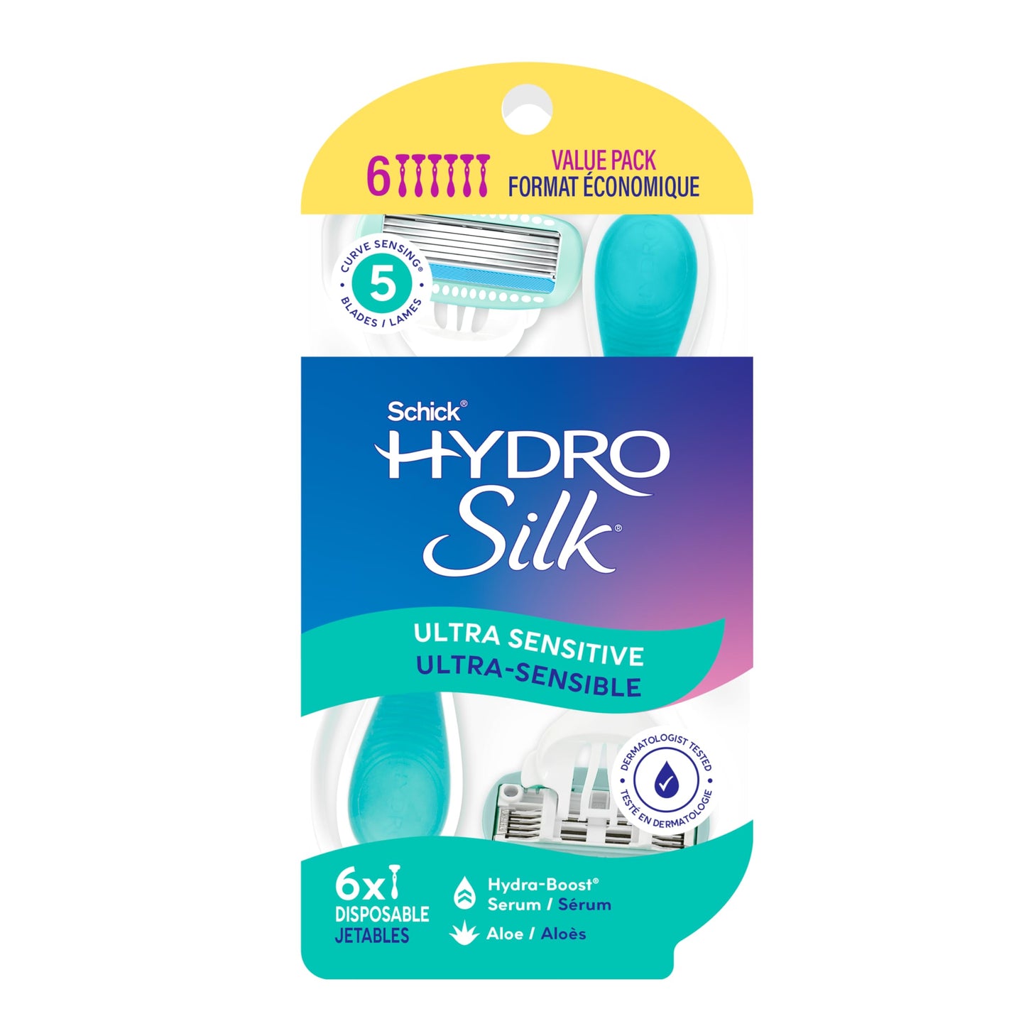Schick Hydro Silk Sensitive Women's Disposable Razors, 3ct | 5-Blade Disposable Razors for Women Sensitive Skin | Travel Razor for Women