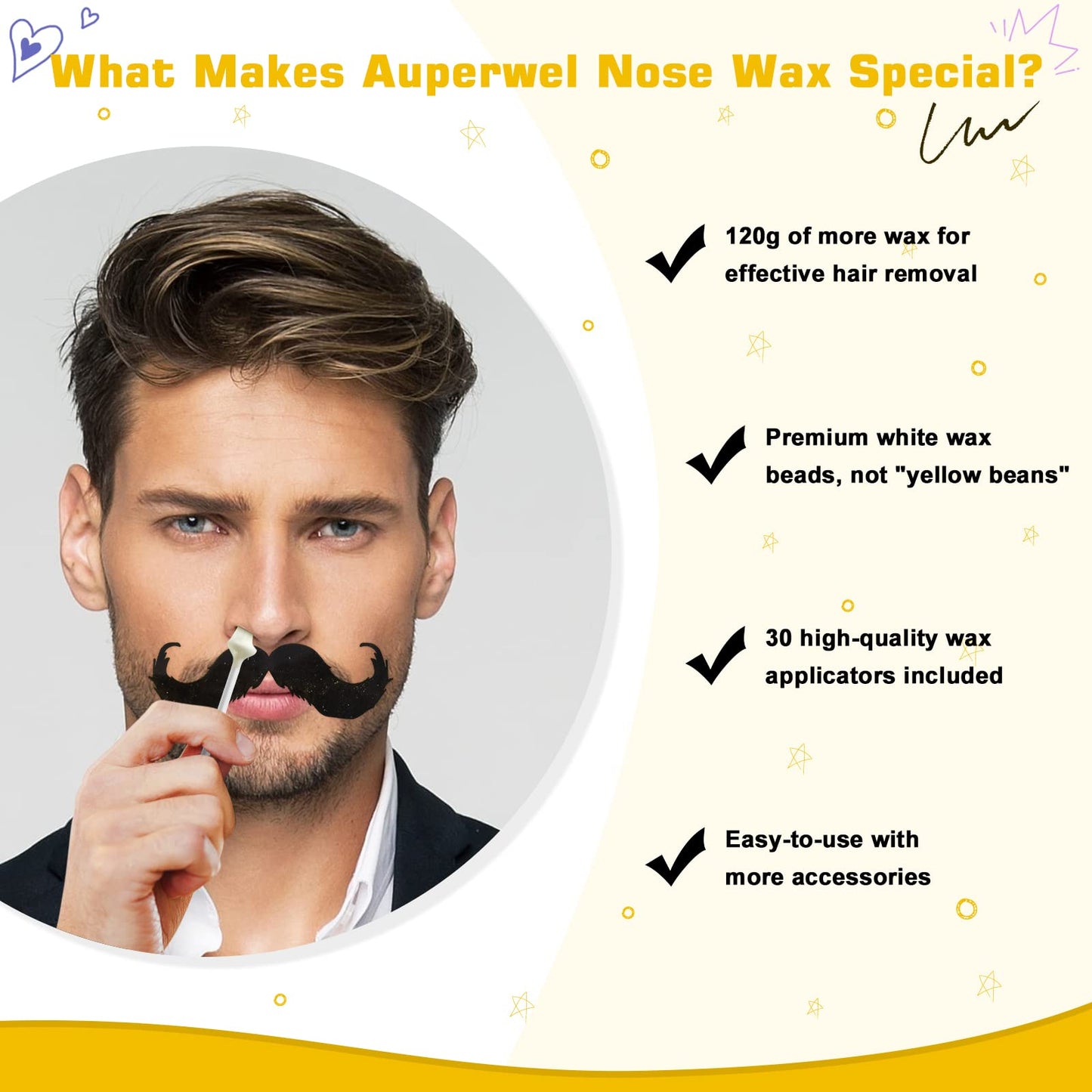 Auperwel Nose Wax Kit - Includes 120g Wax and 30 Applicators for Quick & Painless Nose Hair Removal, Lasts 20-30 Uses (Up to 4-6 Weeks), Ideal for Men and Women - Black